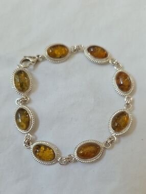 Sterling Silver Amber Link Bracelet in Honey Amber Size 7.25